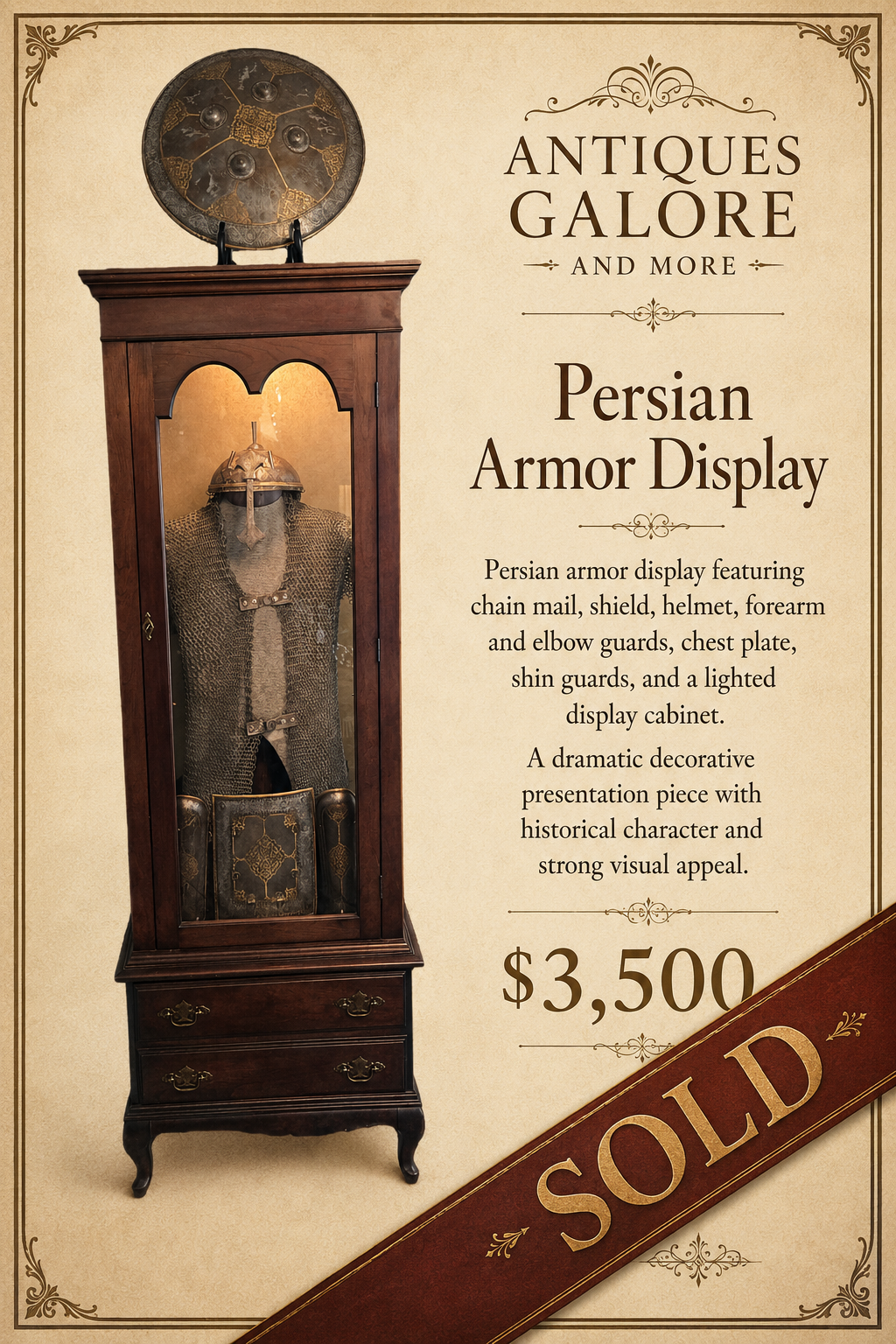 Persian armor display with chain mail, shield, helmet, guards, chest plates, and lighted cabinet
