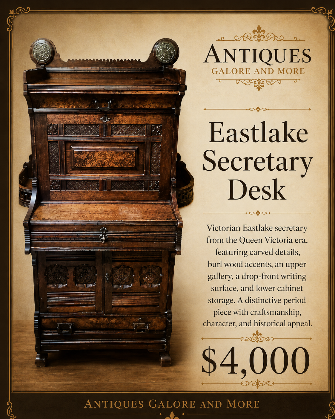 Victorian Eastlake secretary desk offered by Antiques Galore and More